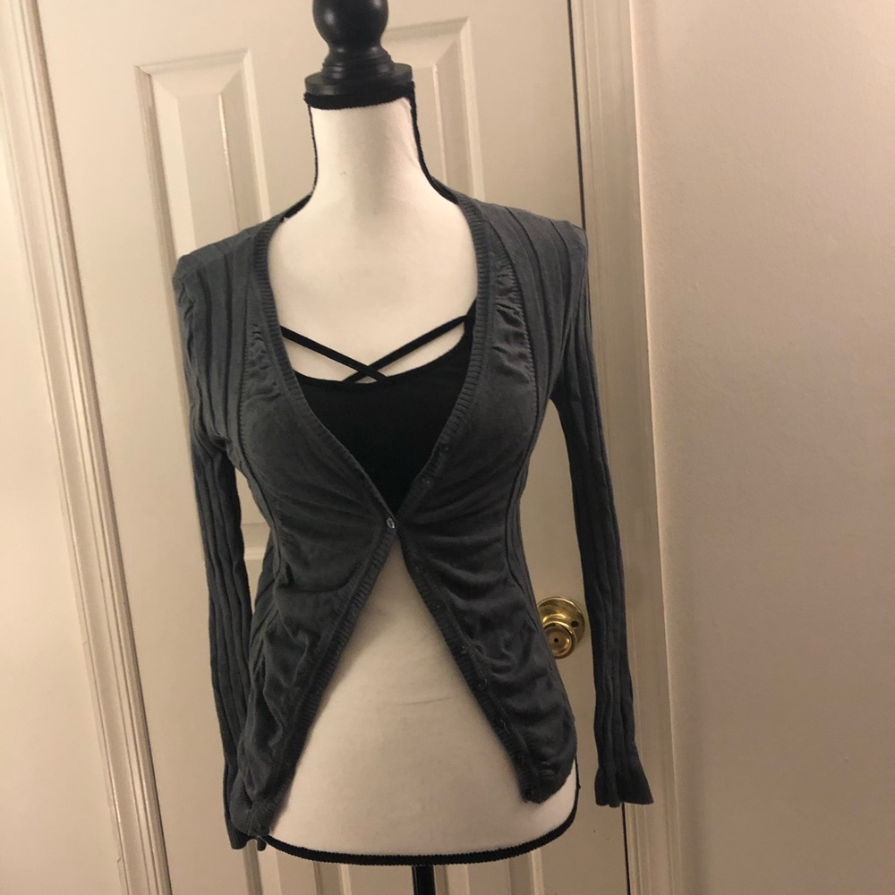 Gray button down cardigan.